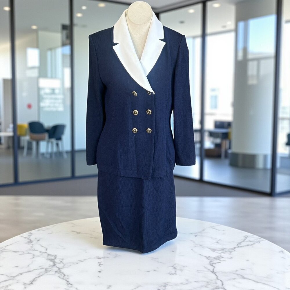 St. John Collection Navy Blue Santana Knit Nautical White Collar Skirt Suit